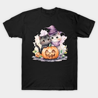 Cute Witch Cat and Pumpkin Halloween T-Shirt